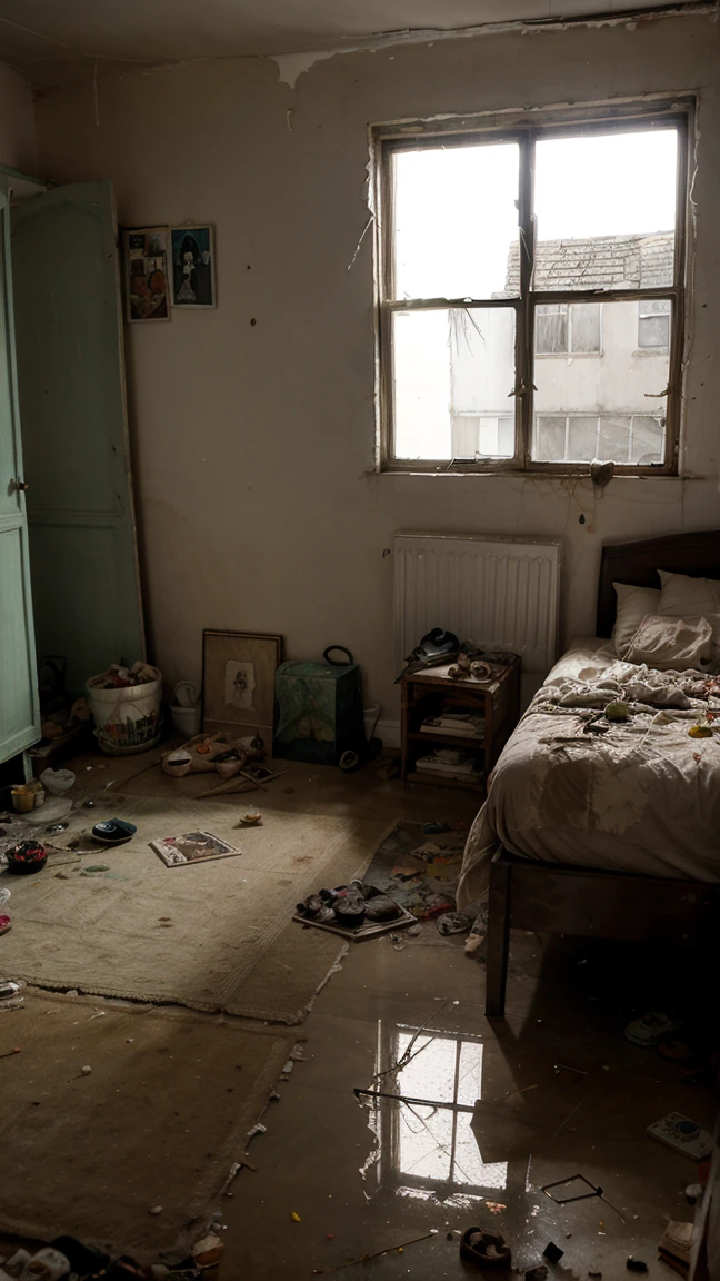 BACKGROUND A gloomy bedroom, bed with old and stained mattress, torn and dirty sheets, closet with rickety doors, Broken mirrors, old and disturbing toys scattered on the floor, walls with decomposing children's drawings, a broken window through which a cold, wet breeze comes in