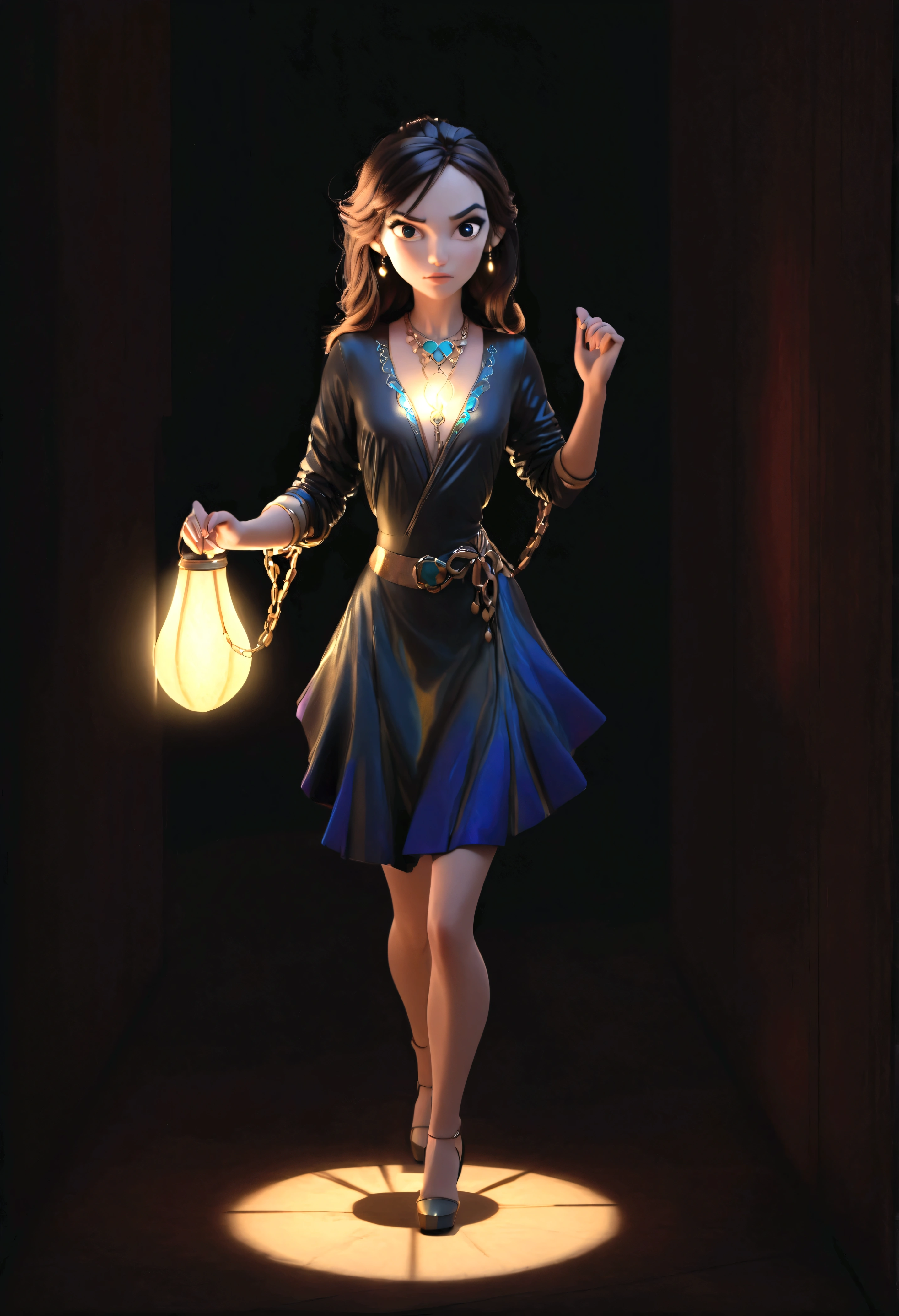 (1girl, disney princess jasmine, black trenchcoat, royal miniskirt, royal haltertop, gold bodychains, sneaking out, princess girls night out, princess ariel's downtown apartment, elegant, beautiful detailed eyes, beautiful detailed lips, extremely detailed eyes and face, long eyelashes, high quality, 8k, photorealistic, professional, vivid colors, studio lighting, physically-based rendering, sharp focus)