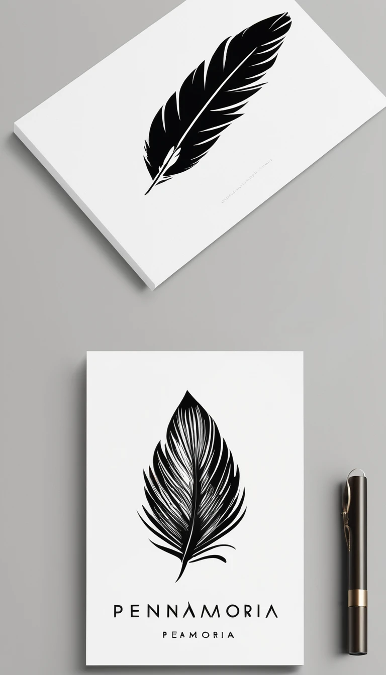 A minimal, modern, simple, cinematic logo design for the brand “Penamemoria". Create a modern, minimalistic, high-quality, logo of a bird feather