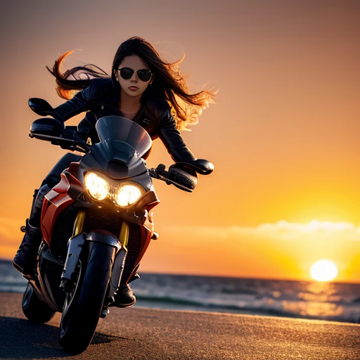 (best qualityer, high resolution), Woman, sitting on a mighty, the modern Ducati motorcycle, color red,dynamic pose, wind blowing your hair, swirly vibrant colors, stunning sunset, landscape by the sea, golden hour lighting.