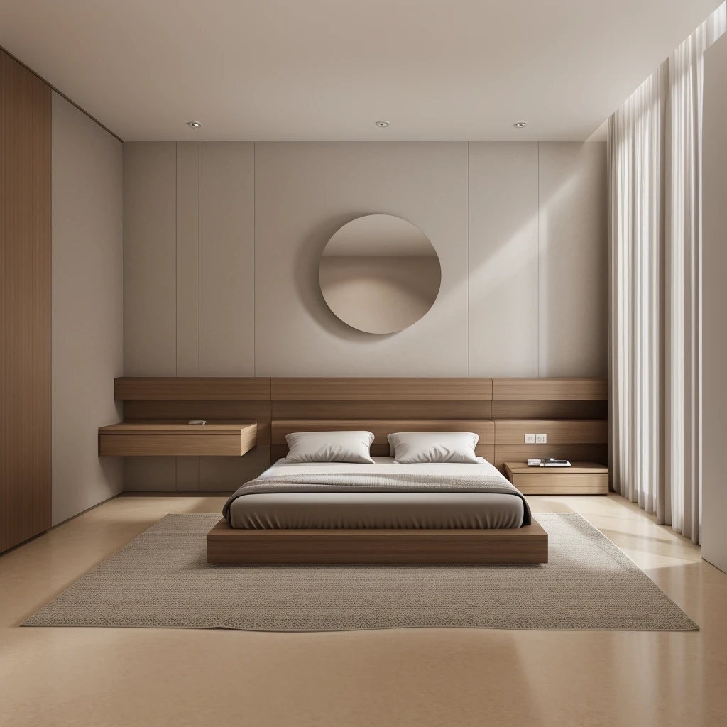 The bedroom has 1 modern bed, gray painted walls, 1 window curtain, circular bedside decorative painting, 1 plush carpet, 1 dressing table, luxurious colors, tiled floor