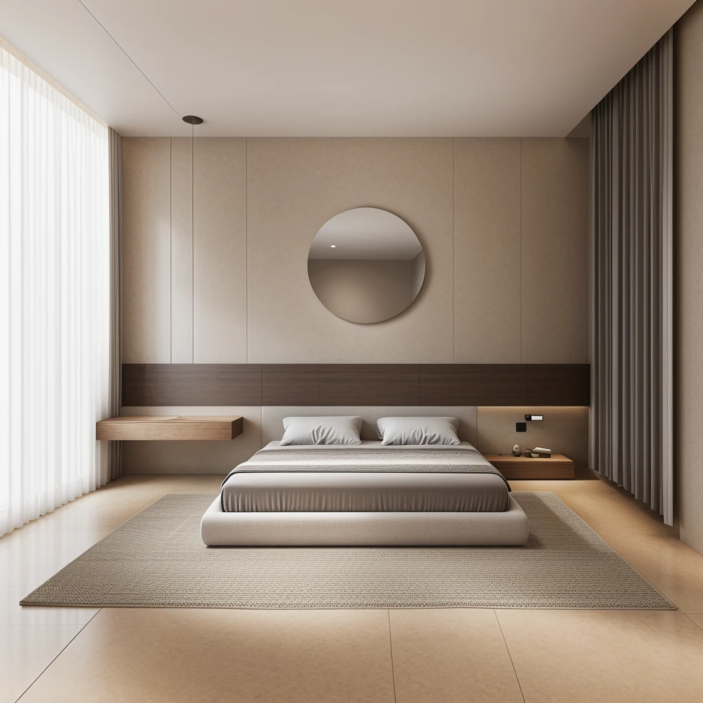 The bedroom has 1 modern bed, gray painted walls, 1 window curtain, circular bedside decorative painting, 1 plush carpet, 1 dressing table, luxurious colors, tiled floor