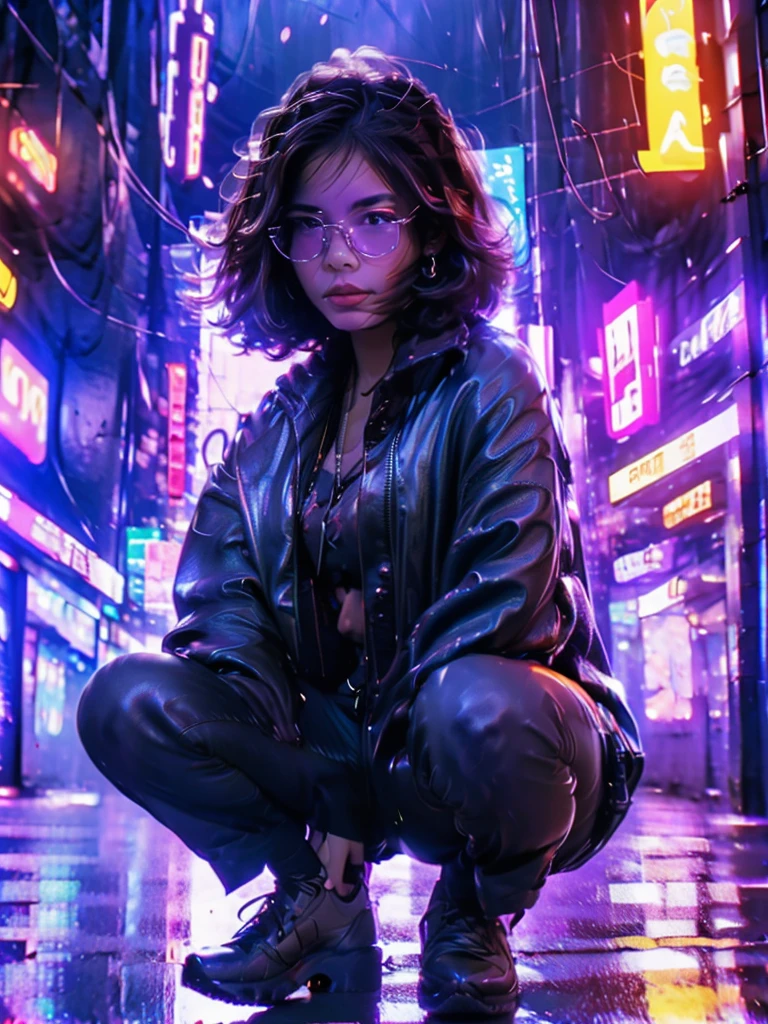 photorealistic Perfect details, masterpiece, Asian woman, wearing glasses, short black hair. Wear a fashionable, silver-gray, sparkling outfit, complete with accessories. High-top leather shoes, posing in the middle of Yaowarat Road, Bangkok at night, clear LED lights, 80k