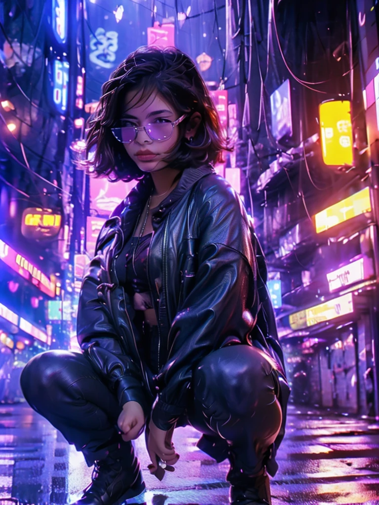 photorealistic Perfect details, masterpiece, Asian woman, wearing glasses, short black hair. Wear a fashionable, silver-gray, sparkling outfit, complete with accessories. High-top leather shoes, posing in the middle of Yaowarat Road, Bangkok at night, clear LED lights, 80k