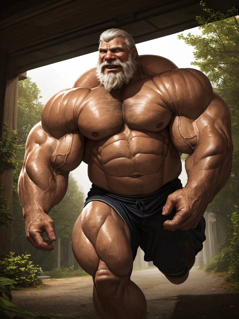 (best quality,4k,8k,highres,masterpiece:1.2),ultra-detailed,(realistic,photorealistic,photo-realistic:1.37),dramatic lighting,chiaroscuro,atmospheric,moody,cinematic. huge muscular old man running in park, white and short hair, white beard, old, old man, grandpa, (huge muscular), detailed muscles, 8k, masterpiece:1.2, hyper realistic, highly detailed full body, really big muscle, massive muscular, sixpack, thick arms, wide pectoral, super huge muscle, hyper muscular, over sized muscle, huge arms, big arms, huge pectoral, natural lighting wrinkled skin, happy expression