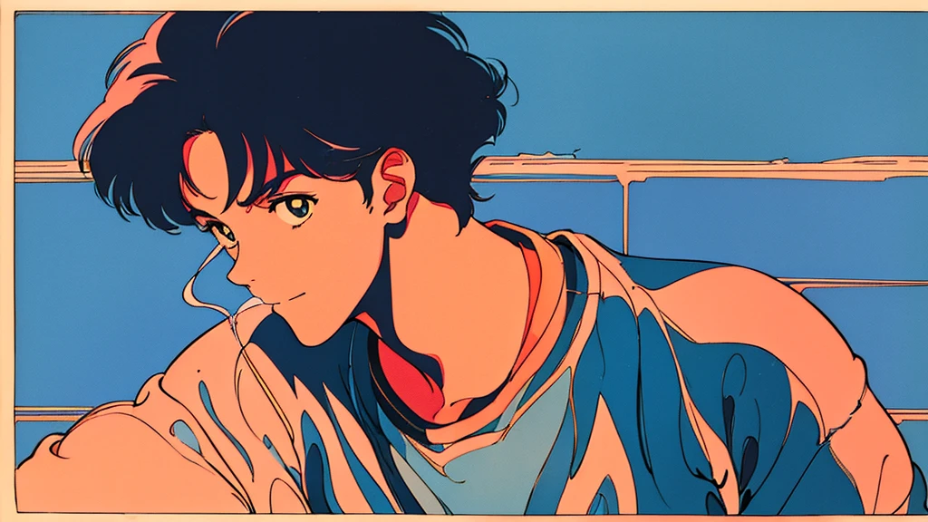 Close-up of a man, 80年代のanimeの雰囲気, 80年代animeスタイル, Retroanimeの男性, 1980's anime style, Retroanime画像, animeの雰囲気, Playing games, Smoking、４ｋ、Wearing headphones、80's, Retro, City Pop Poster:1.5), (Album cover), (masterpiece, Highest quality), (anime, figure), Best Photo Poses, Dynamic Angle, Cowboy Shot, alone, smile, A perfect eye for detail, Delicate face, High Fashion, Retroなゲームセンター、American casual、jazz、the 90s、Vintage、tobacco、speaker、Saxophone、rain、Cool Guy、Knight、City Boy、Retro