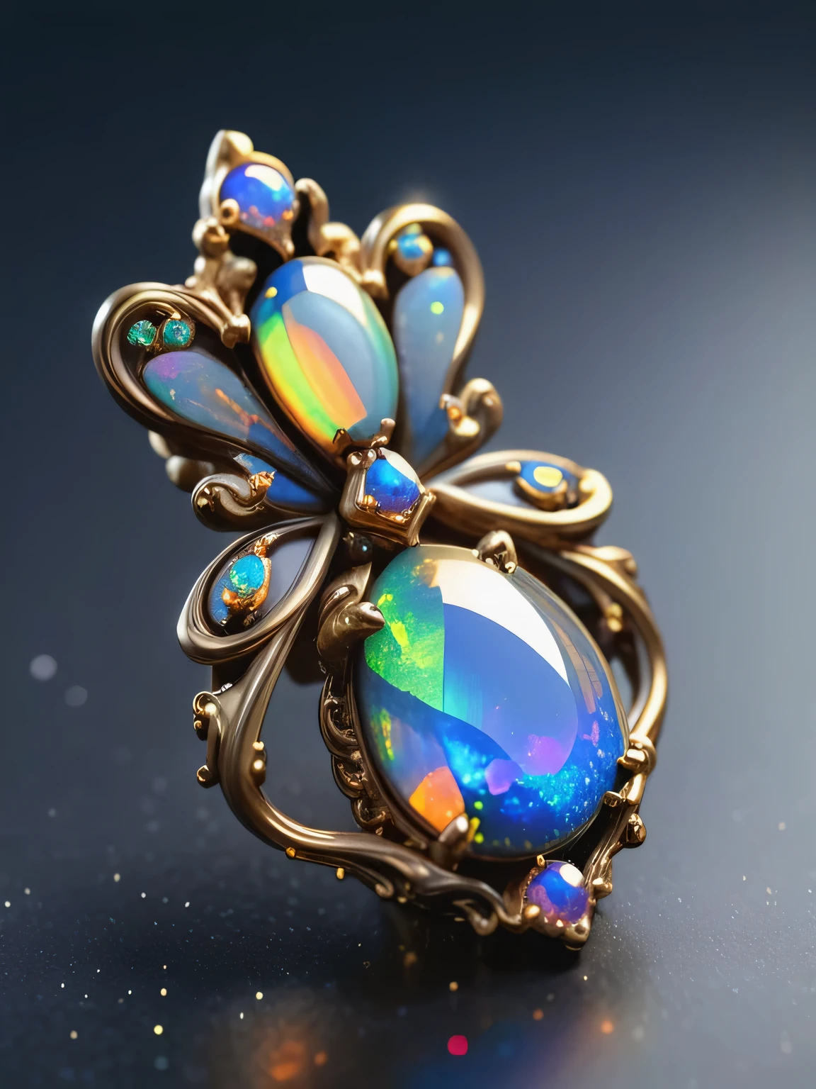 Fairy tale object,  single earring made from blackopal, ornate, gilded macro lens, unique, exquisite, shimmering glistening sparkling, 3d render, unreal engine . Magical, fantastical, enchanting, storybook style, highly detailed