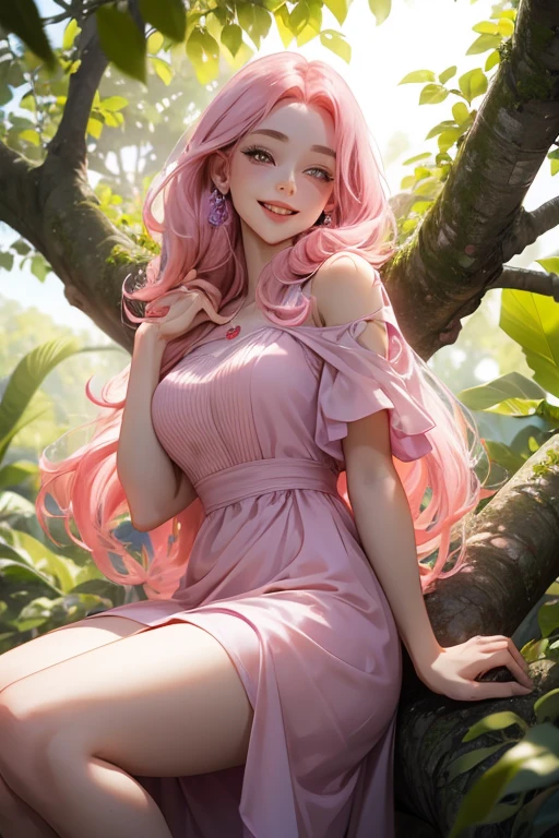 perfect face, perfect hands. A pink haired woman with violet eyes and an hourglass figure in a summer dress is leaning on a tree with a big smile