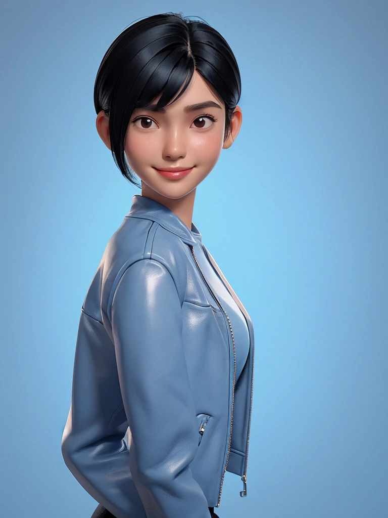 Create a 3D animation of a cartoon caricature with a big head. Full body. A 19 year old Indonesian woman. Her hair is long , black, and pixie cut. Her face is oval with fine lines, thick and neat black eyebrows, small narrow eyes, a small aquiline nose, and thin lips with a wide and friendly smile. She is wearing a light gray leather jacket over a white t-shirt. Gradient blue background with professional lighting. Masterpiece, best quality, highly detailed skin and face, very realistic, high definition, studio lighting, sharp focus, 4/4 body angle, Concept Art, 3D render. 