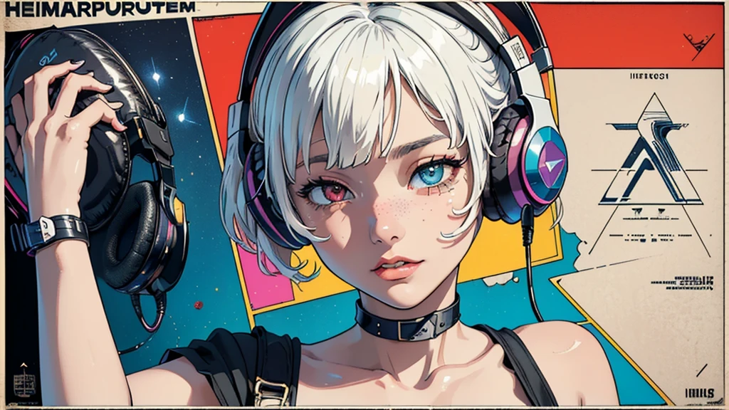 (((masterpiece, Highest quality))),(((alone:1.2))),(((One girl:1.2))),32K Wallpapers, Very detailed, Poster, Vintage science fiction, 1960s,(((((geometric cinematic  Music poster))))), (futuristic), shape,(((Plane composition))), Midcentury Modern, movie Poster, Vintage, Perfect Lady,1970s, Halftone, Speech bubble,(((portfolio,close))),(((Different angles))),(((breast enhancement))),((highlight)),Vast landscape,((((Heterochromia iridis)))),(((completion. Detailed face))),(((Very talented))),(((Wearing headphones))),((Overall colorful))