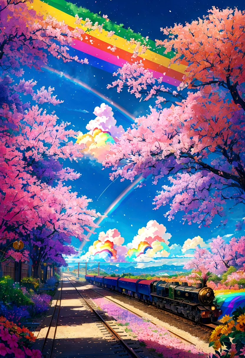 A locomotive running on rainbow-colored tracks,colorful,beautiful flower,Nice views,Utopia,An atmosphere full of dreams and hope,masterpiece.16K, Ultra-high resolution, Ultra-high resolution, born,Fantastic ,future、Shining in rainbow colors、The world 30 years from now。