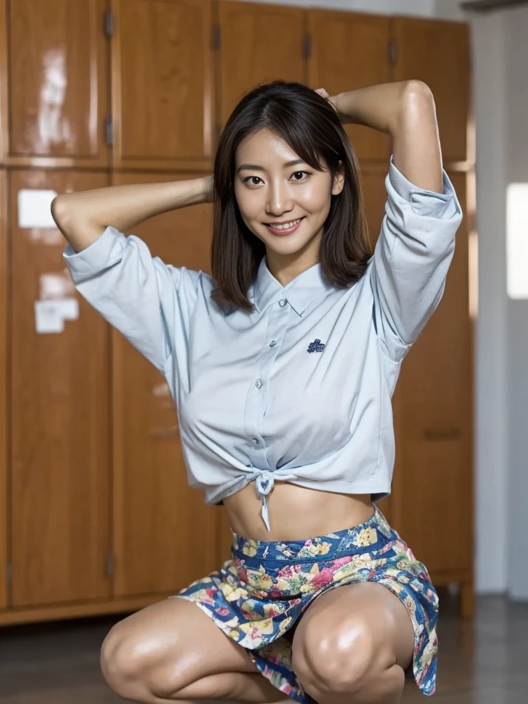 A japanese Lady,masutepiece, High quality, UHD 32K,Live-action adaptation,Muscular realistic face,gigantic breasts, Realistic skin feeling,58 years old,solo,muscular,shiny tight satin shirt,tight patterned mini skirt,viewer,frontal photography,in the dark locker room,shiny and oily body,japanese teacher,squatting and spread your legs,arms up behind the head,Smile