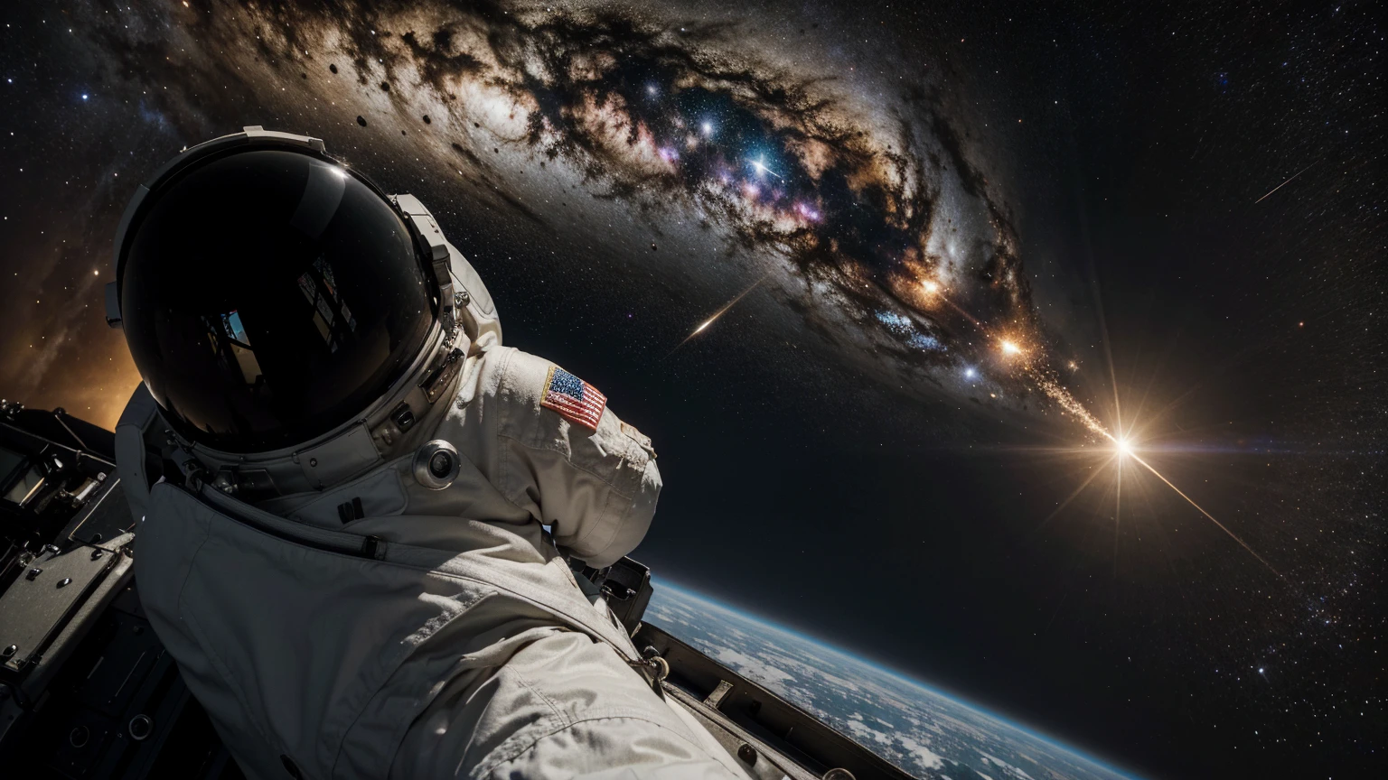 (absurdres, highres, ultra detailed), masterpiece, logo bye-bye, sky, astronaut, meteor, high speed