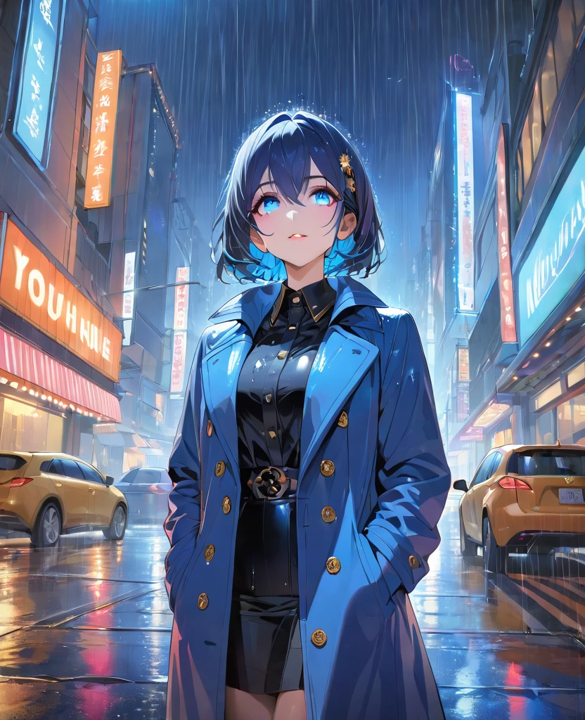 masterpiece, best quality, ultra detailed, sparkling eyes, 1girl, with vibrant makeup, in a night city covered in heavy rain, wearing an elegant blue coat, looking up with a confident expression.