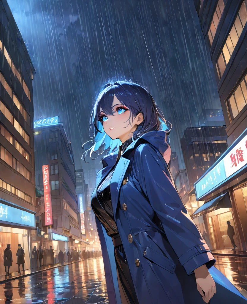 masterpiece, best quality, ultra detailed, sparkling eyes, 1girl, with vibrant makeup, in a night city covered in heavy rain, wearing an elegant blue coat, looking up with a confident expression.