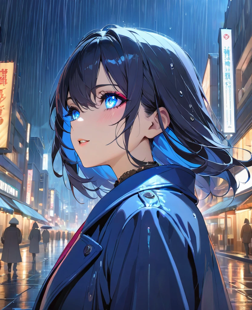 masterpiece, best quality, ultra detailed, sparkling eyes, 1girl, with vibrant makeup, in a night city covered in heavy rain, wearing an elegant blue coat, looking up with a confident expression.