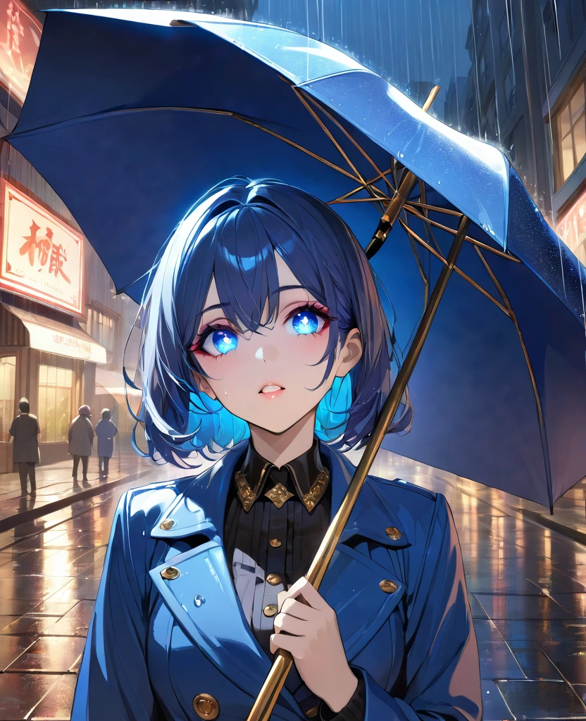 masterpiece, best quality, ultra detailed, sparkling eyes, 1girl, with vibrant makeup, in a night city covered in heavy rain, wearing an elegant blue coat, looking up with a confident expression.