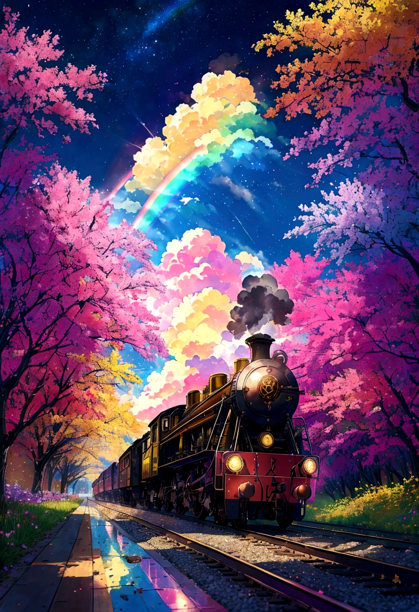 A locomotive running on rainbow-colored tracks,colorful,beautiful flower,Nice views,Utopia,An atmosphere full of dreams and hope,masterpiece.16K, Ultra-high resolution, Ultra-high resolution, born,Fantastic ,future、Shining in rainbow colors、The world 30 years from now。