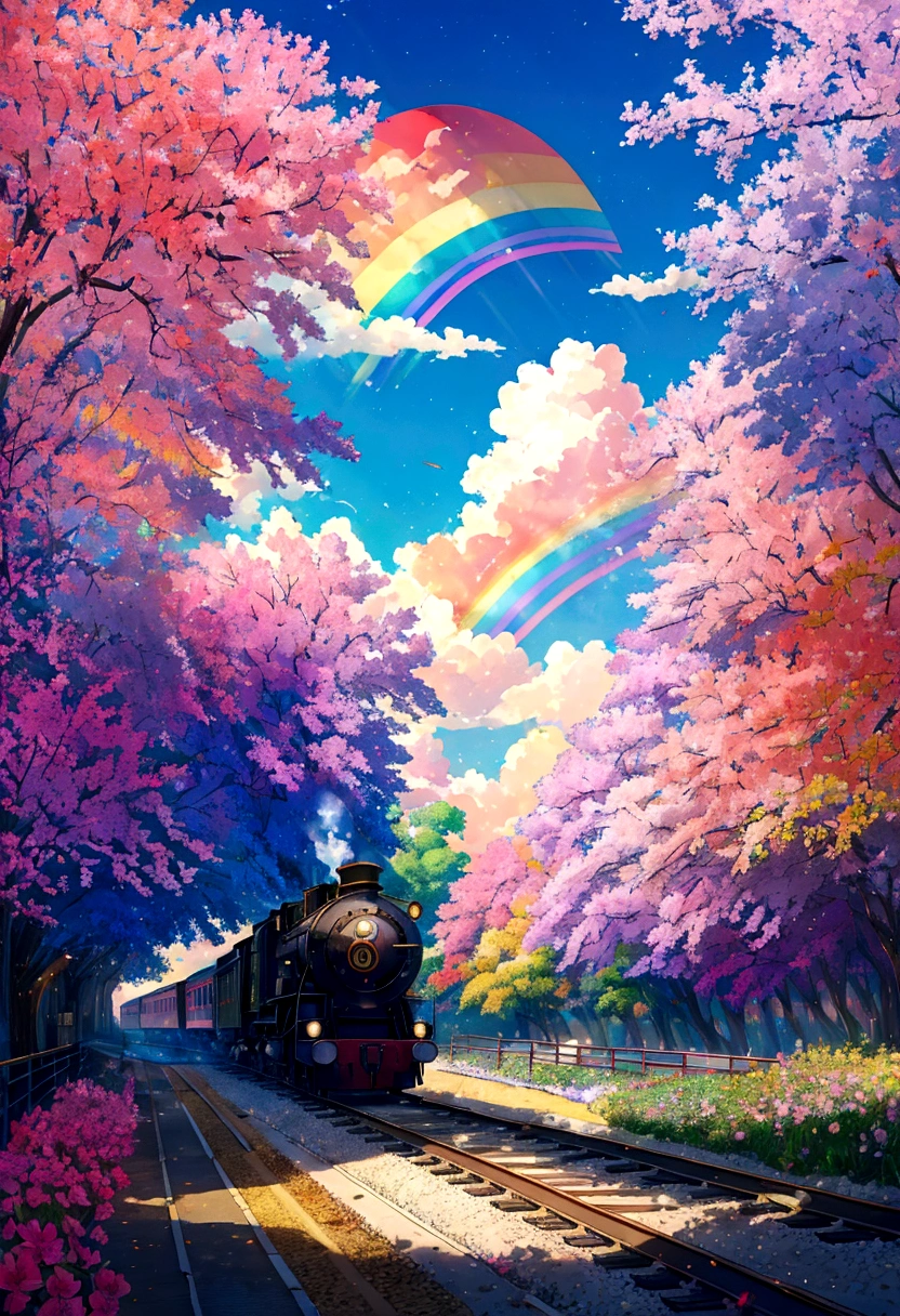 A locomotive running on rainbow-colored tracks,colorful,beautiful flower,Nice views,Utopia,An atmosphere full of dreams and hope,masterpiece.16K, Ultra-high resolution, Ultra-high resolution, born,Fantastic ,future、Shining in rainbow colors、The world 30 years from now。