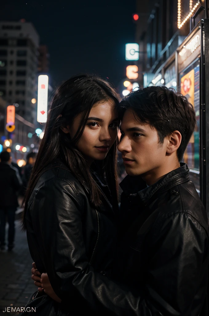 picture of a couple starring each other in the night full of lights, in the middle of the city.