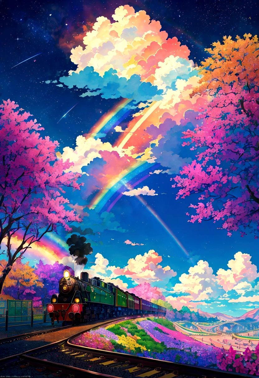A locomotive running on rainbow-colored tracks,colorful,beautiful flower,Nice views,Utopia,An atmosphere full of dreams and hope,masterpiece.16K, Ultra-high resolution, Ultra-high resolution, born,Fantastic ,future、Shining in rainbow colors、The world 30 years from now。