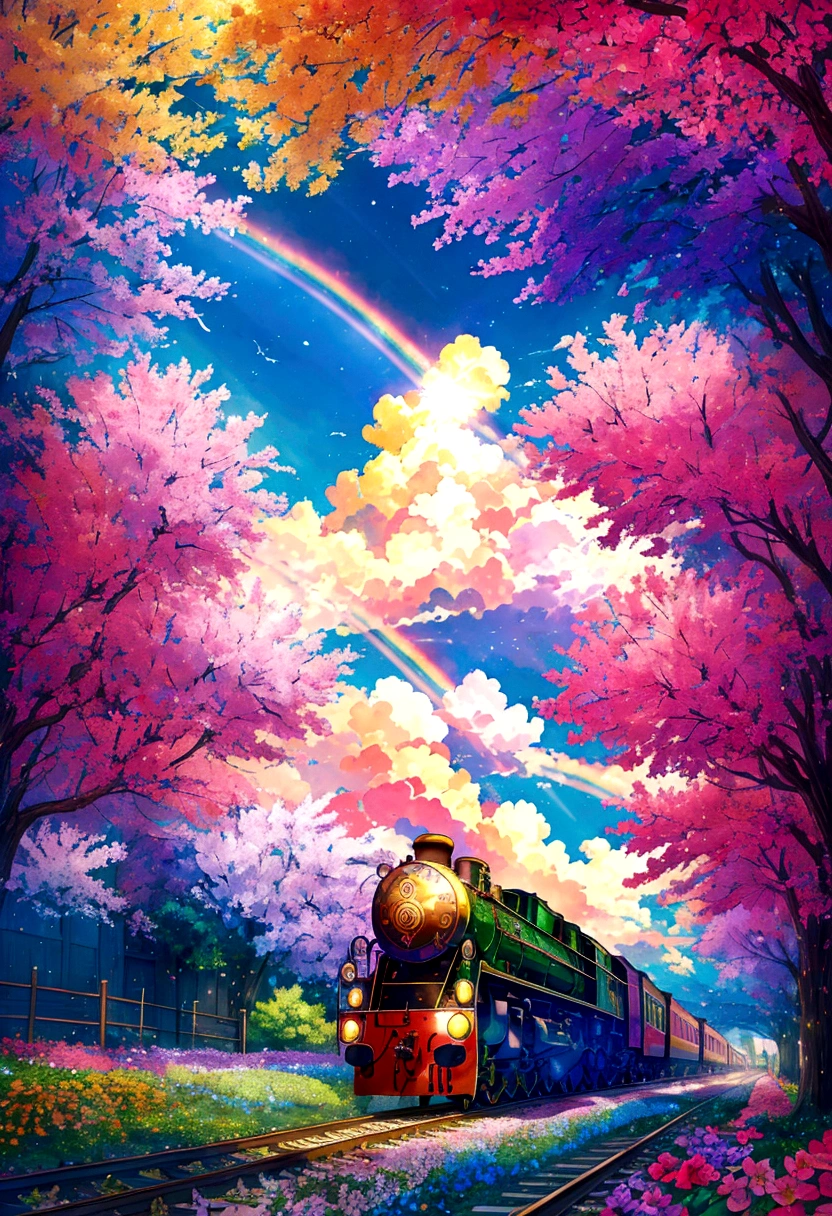 A locomotive running on rainbow-colored tracks，colorful，beautiful flower，Nice views，Utopia，An atmosphere full of dreams and hope，masterpiece．16K, Ultra-high resolution, Ultra-high resolution, born,Fantastic ,future、Shining in rainbow colors、The world 30 years from now。