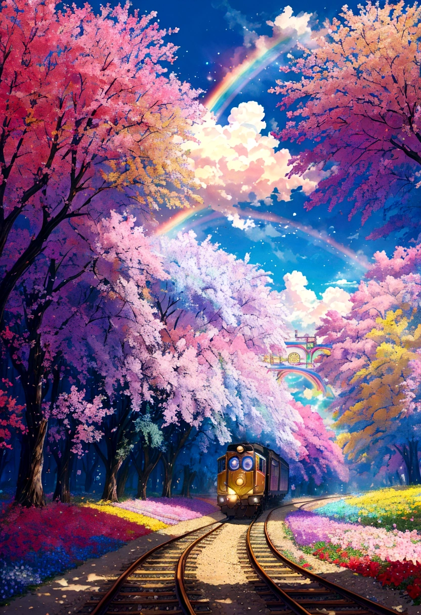 A locomotive running on rainbow-colored tracks,colorful,beautiful flower,Nice views,Utopia,An atmosphere full of dreams and hope,masterpiece.16K, Ultra-high resolution, Ultra-high resolution, born,Fantastic ,future、Shining in rainbow colors、The world 30 years from now。