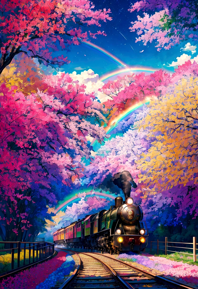 A locomotive running on rainbow-colored tracks，colorful，beautiful flower，Nice views，Utopia，An atmosphere full of dreams and hope，masterpiece．16K, Ultra-high resolution, Ultra-high resolution, born,Fantastic ,future、Shining in rainbow colors、The world 30 years from now。