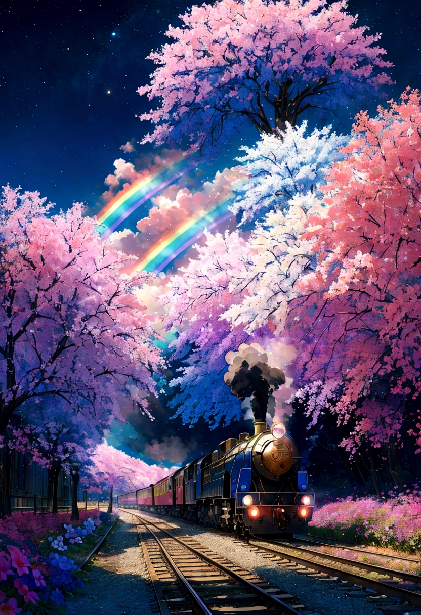A locomotive running on rainbow-colored tracks,colorful,beautiful flower,Nice views,Utopia,An atmosphere full of dreams and hope,masterpiece.16K, Ultra-high resolution, Ultra-high resolution, born,Fantastic ,future、Shining in rainbow colors、The world 30 years from now。