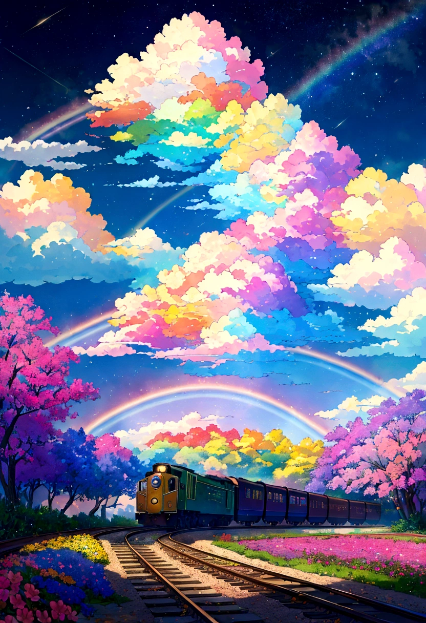 A locomotive running on rainbow-colored tracks,colorful,beautiful flower,Nice views,Utopia,An atmosphere full of dreams and hope,masterpiece.16K, Ultra-high resolution, Ultra-high resolution, born,Fantastic ,future、Shining in rainbow colors、The world 30 years from now。