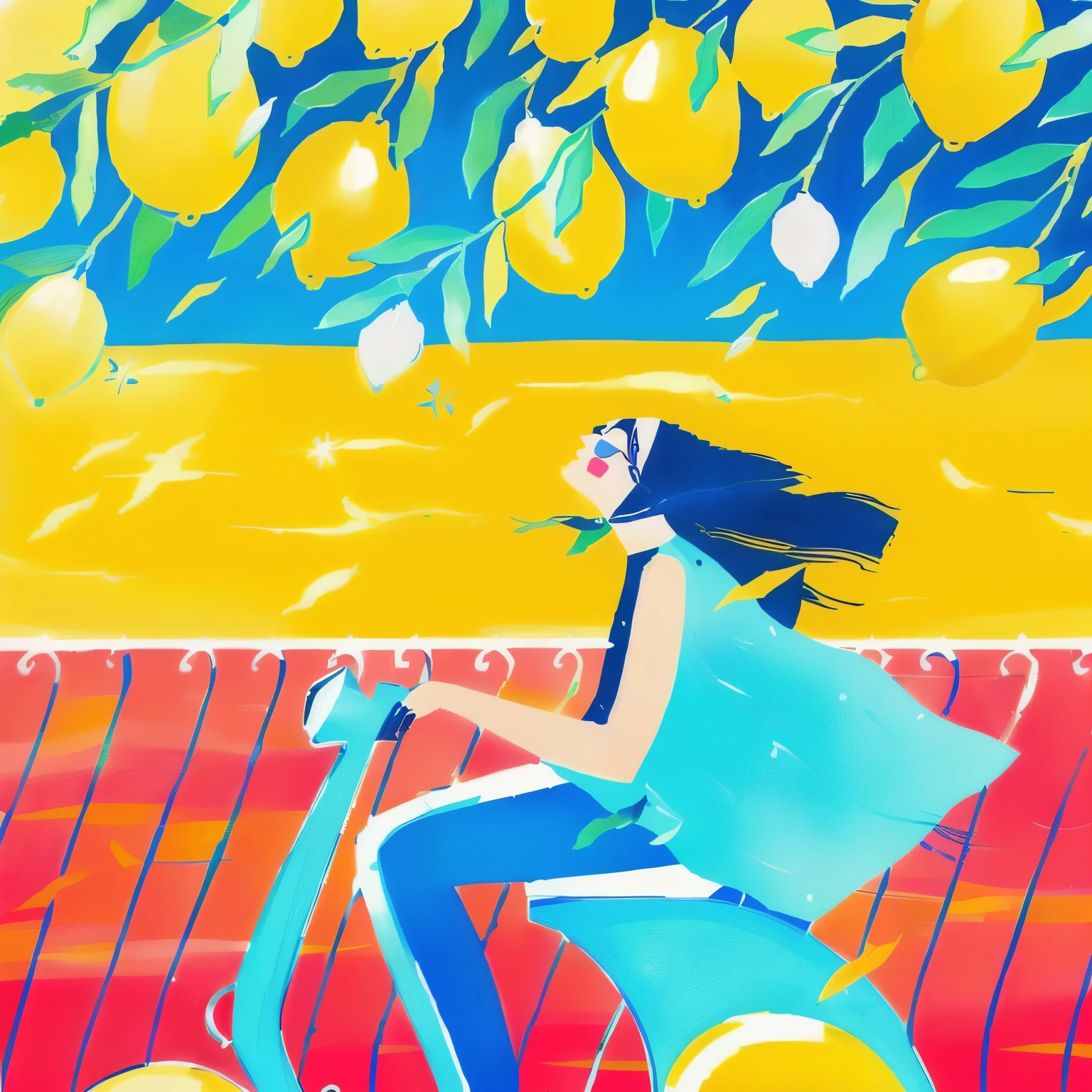 a woman riding a scooter on a street with lemons in the background, 🐿🍸🍋, some yellow and blue, dreamy illustration, yellow and blue, 2 d gouache illustration, #illustration, colorful illustration, illustration!, illustration”, 🚿🗝📝, colorfull illustration, gouache illustration, inspired by James Jean, blue and yellow, illutstration