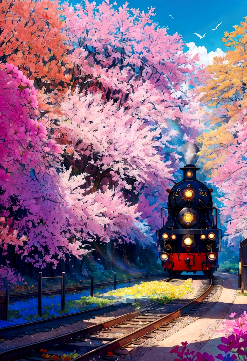 A locomotive running on rainbow-colored tracks,colorful,beautiful flower,Nice views,Utopia,An atmosphere full of dreams and hope,masterpiece.16K, Ultra-high resolution, Ultra-high resolution, born,Fantastic ,future、Shining in rainbow colors、The world 30 years from now。
