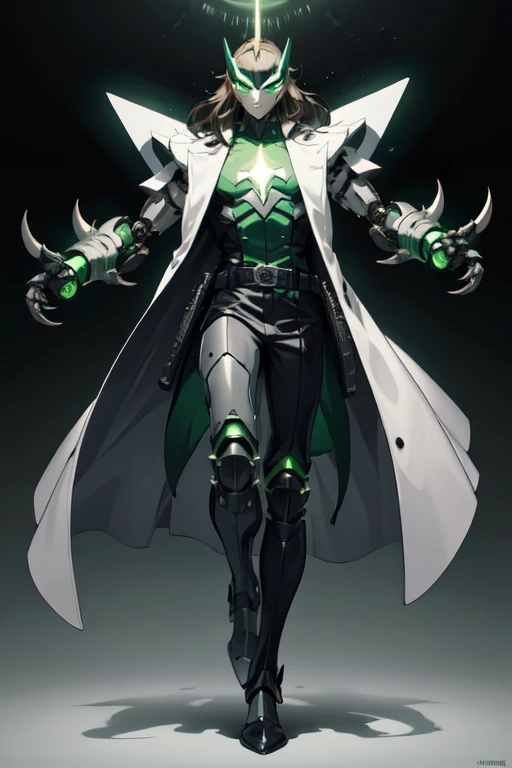 ((best quality)), ((masterpiece)), (detailed), 1 man, full body, 30s, masked, long brown hair slicked back, white superhero mask with green details, small diamond on forehead, glowing green eyes, black collar, tall, thin, long dark grey trench coat, open grey trench coat showing his chest, black gloves, grey wristbands, suit, white shirt, dark green suit vest, black pants, grey knee pads, metallic black shoes, belt, large robot army background, robots with claws and long arms, floating, green flashes of light, background with green lights, anime