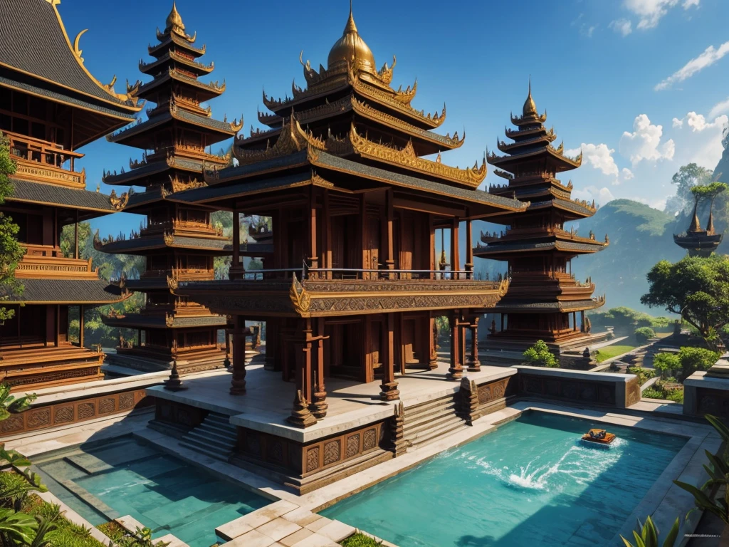 fantasy art, ancient Indonesian royal palace, Hindu temple style, gothic, Waterslide