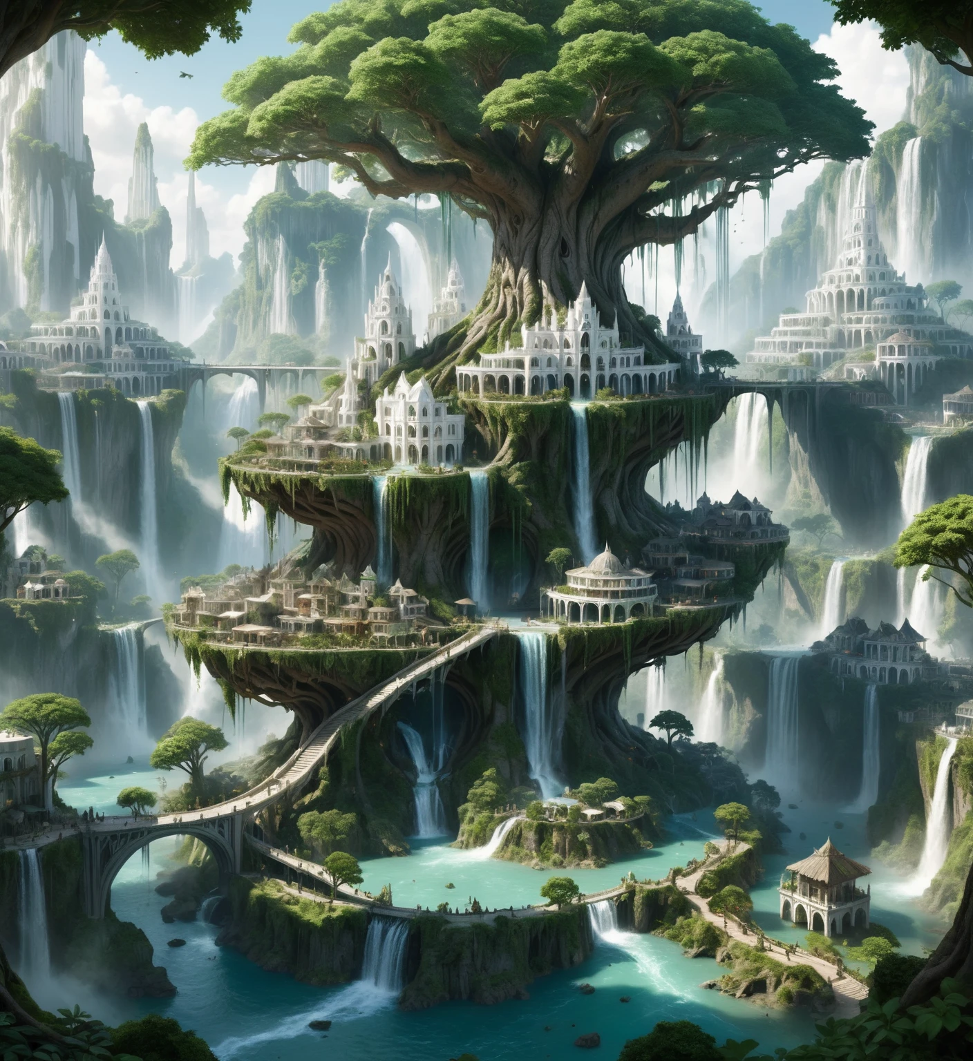 Elf city, built on a large tree, white buildings, with waterfalls, a plantation below the city, a huge staircase in the middle,High Fantasy Realm ral-fntsyrlms