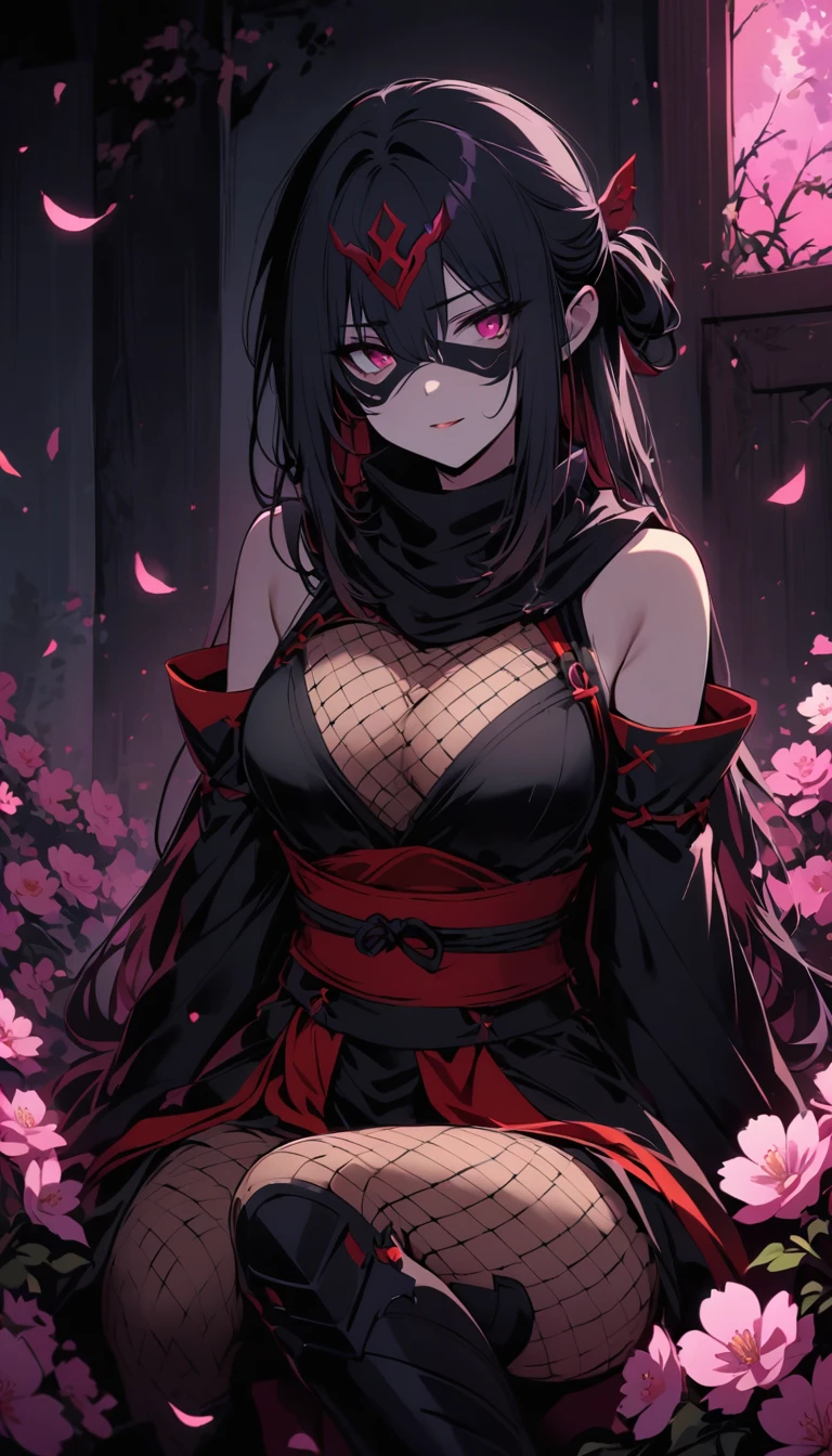 ((((capturecomplex_emotion, detailed_ninja_clothes, light_shades, sharp_facial_features, exotic_body_marks, half_body_shot)))), 1girl, neutral, sitting, (long_black_hair, ((uragiri_eyebangs_half Mask:1))), narrow face, winged mask, (blackeyes, billowing_smoke), (((dimly_lit, dream sequence:0.8, behind screen transparent)), medium to fullfigured, looking thoughtful, honeyed skin, ((intertwiningfingers, obsidian ringon_index_finger)), lost in thought, (((aces_finger))), loyal companionstanding_behind, ((dark_milieu, moonlit_path, dust_pezax_moss, cherry blossoms))