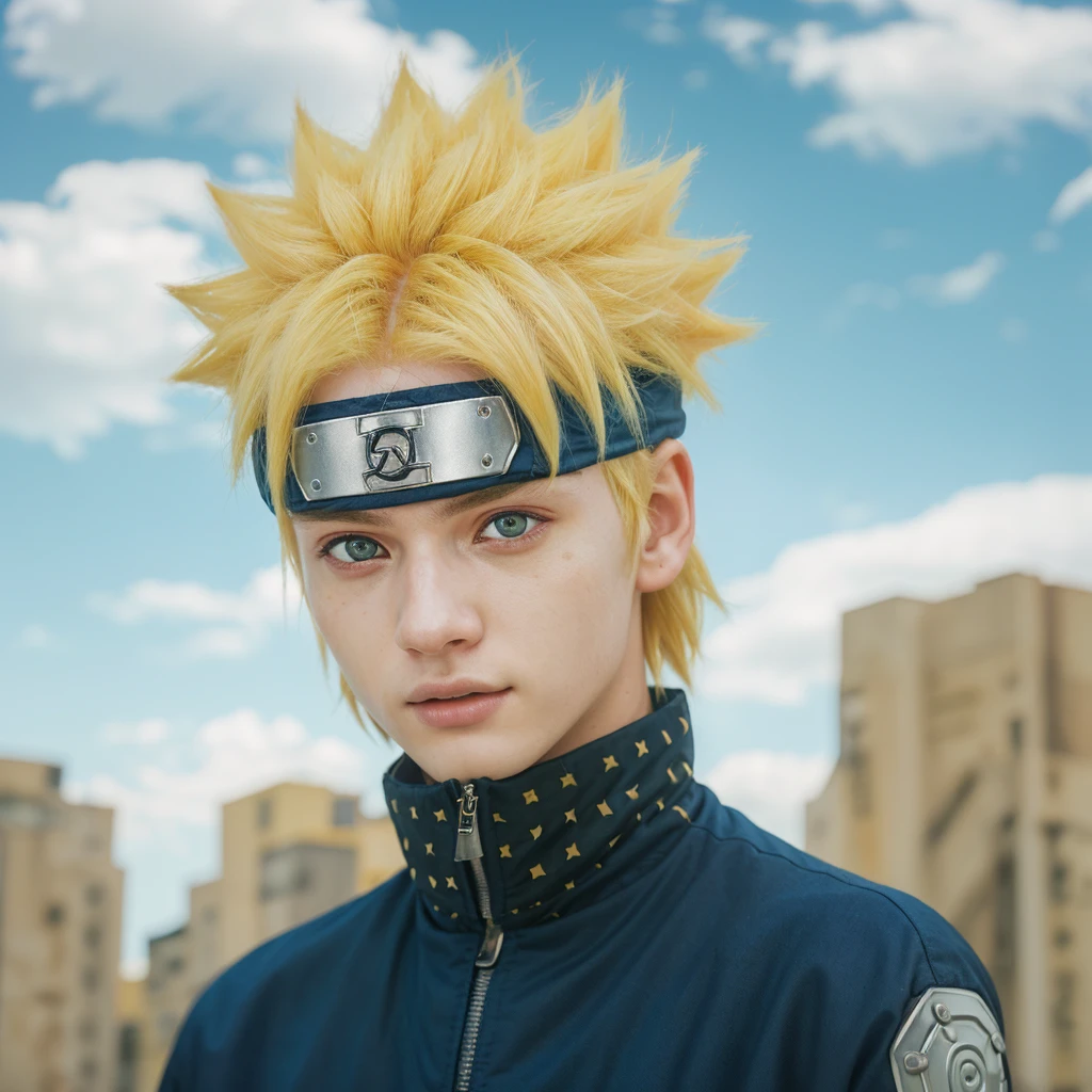 arafed image of a young man with a blue jacket and a yellow hair, naruto artstyle, naruto uzumaki, (highly detailed face:1.4) (smile:0.7) (background inside dark, moody, private study:1.3) POV, by lee jeffries, nikon d850, film stock photograph ,4 kodak portra 400 ,camera f1.6 lens ,rich colors ,hyper realistic ,lifelike texture, dramatic lighting , cinestill 800