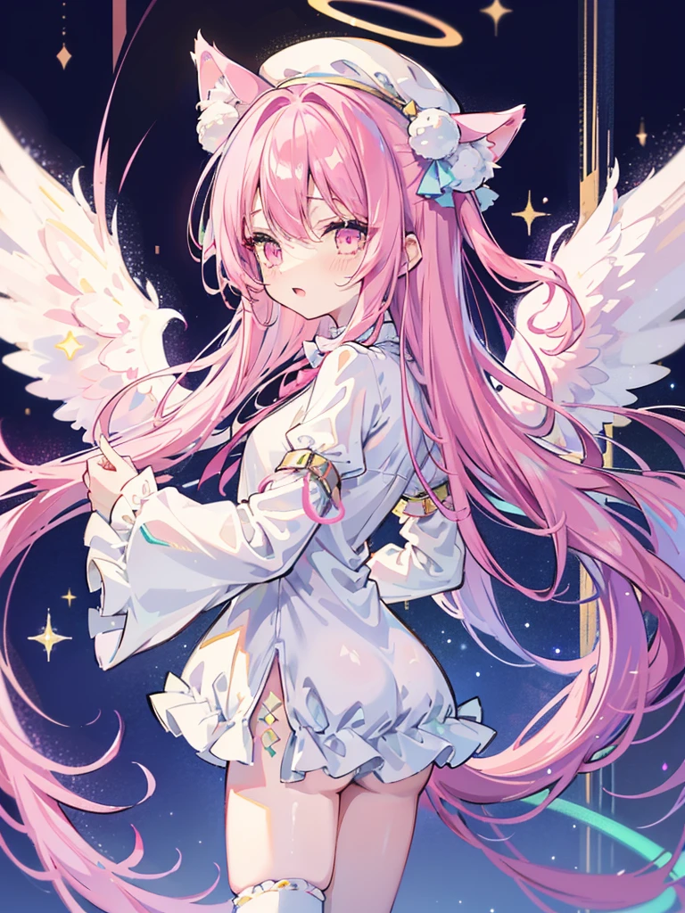 galaxy angel style,pastel,glitter,Angel shota,glowing halo,cat ears,pink long hair,angel wings,more add cuteness,
Wearing short-sleeved frilly pajamas, a hat with a pom-pom on the tip, and standing in a dark hallway at night,
sleepy eye,open mouth smile,Say good night,