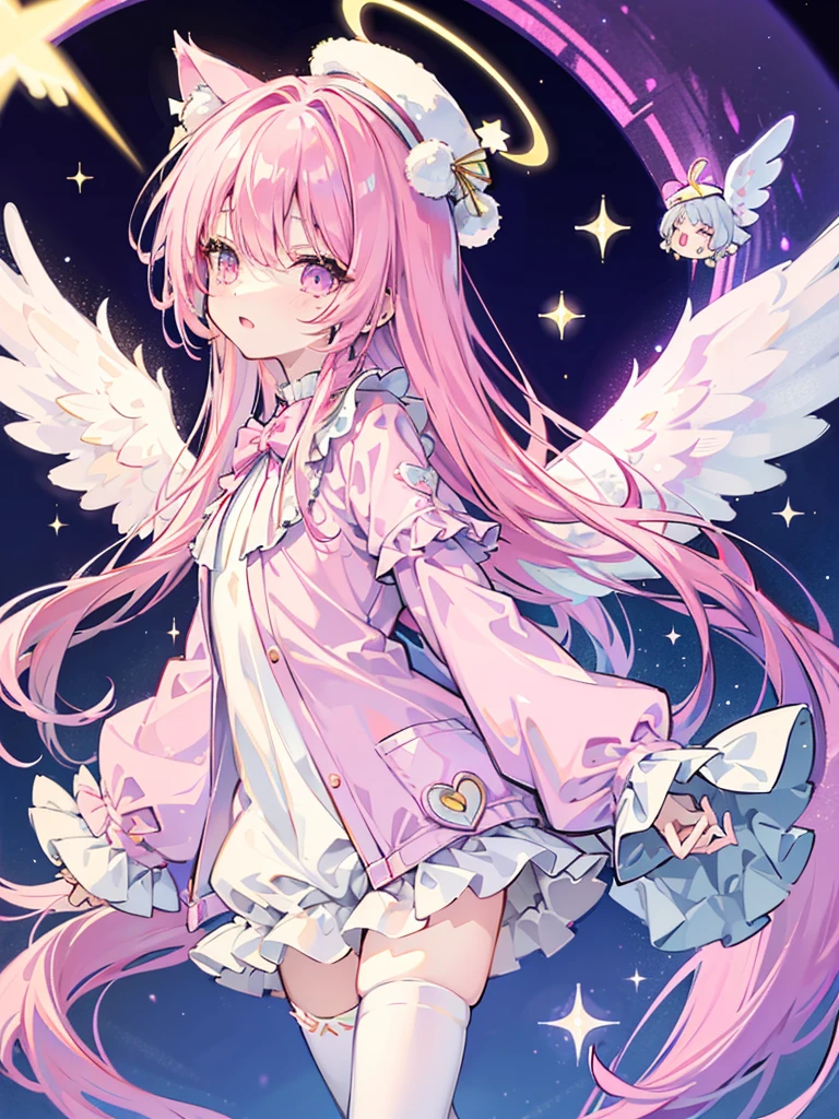 galaxy angel style,pastel,glitter,Angel shota,glowing halo,cat ears,pink long hair,angel wings,more add cuteness,
Wearing short-sleeved frilly pajamas, a hat with a pom-pom on the tip, and standing in a dark hallway at night,
sleepy eye,open mouth smile,Say good night,
