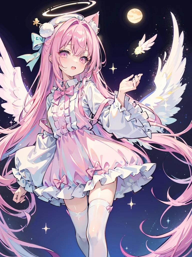 galaxy angel style,pastel,glitter,Angel shota,glowing halo,cat ears,pink long hair,angel wings,more add cuteness,
Wearing short-sleeved frilly pajamas, a hat with a pom-pom on the tip, and standing in a dark hallway at night,
sleepy eye,open mouth smile,Say good night,