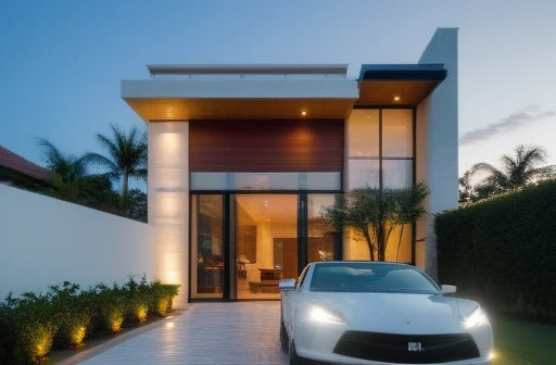 exterior house, contemporary style, white wall, wood wall, steel door, glass window, (realistic:1.2), Masterpiece, high quality, best quality, authentic, super detail, outdoors,road, trees, sky, cloud, (daylight:1.1), modern luxury villa, coconut trees, landscape, along the white beach, clear sky, day time, warm lighting RAW Photo, RAW texture, Super Realistic, 32K UHD, DSLR, soft lighting, high quality, film rating, Fujifilm XT3,Modern, Residential Architecture,  car in front of house
