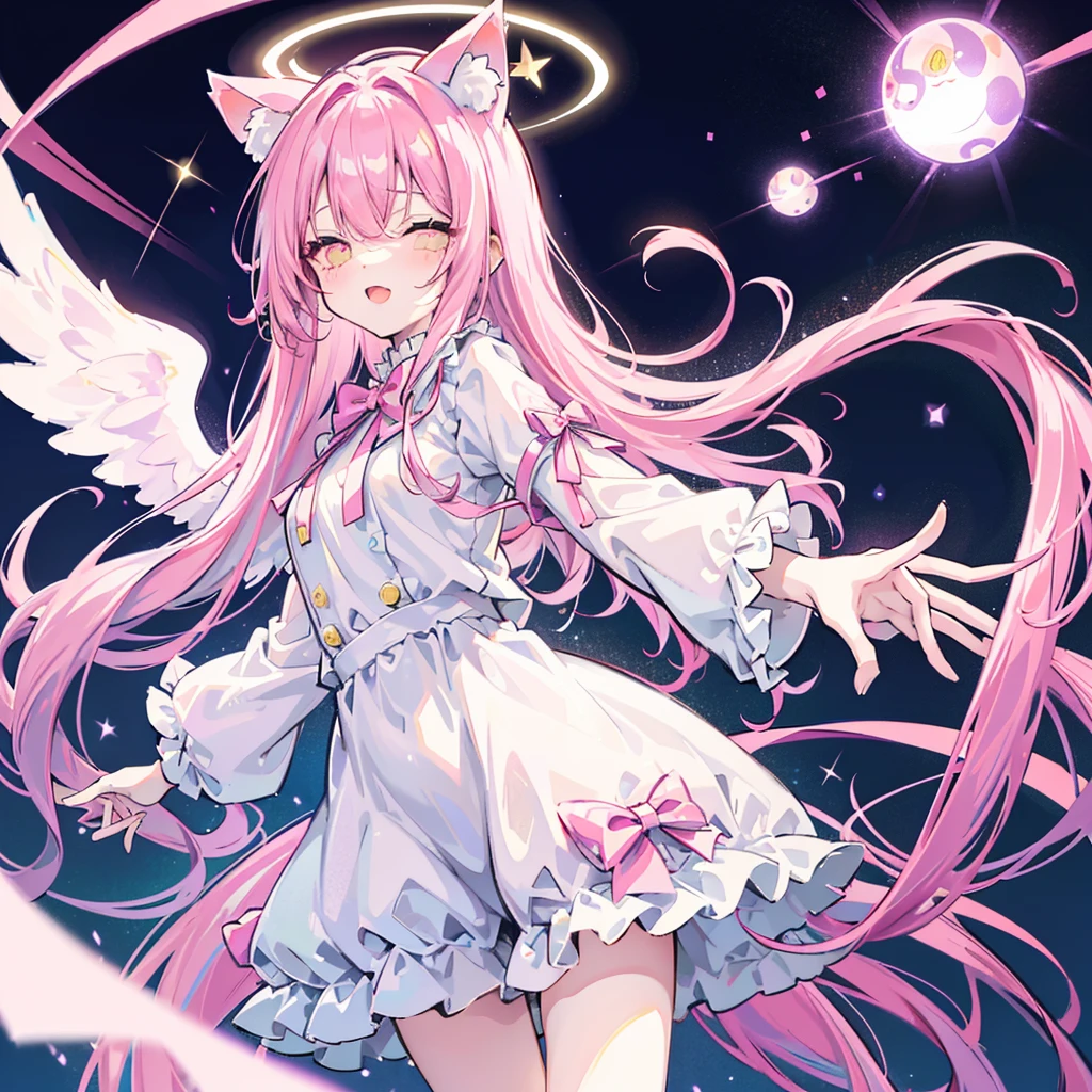 galaxy angel style,pastel,glitter,Angel shota,glowing halo,cat ears,pink long hair,angel wings,more add cuteness,
Wearing short-sleeved frilly pajamas, a hat with a pom-pom on the tip, and standing in a dark hallway at night,
sleepy eye,open mouth smile,Say good night,