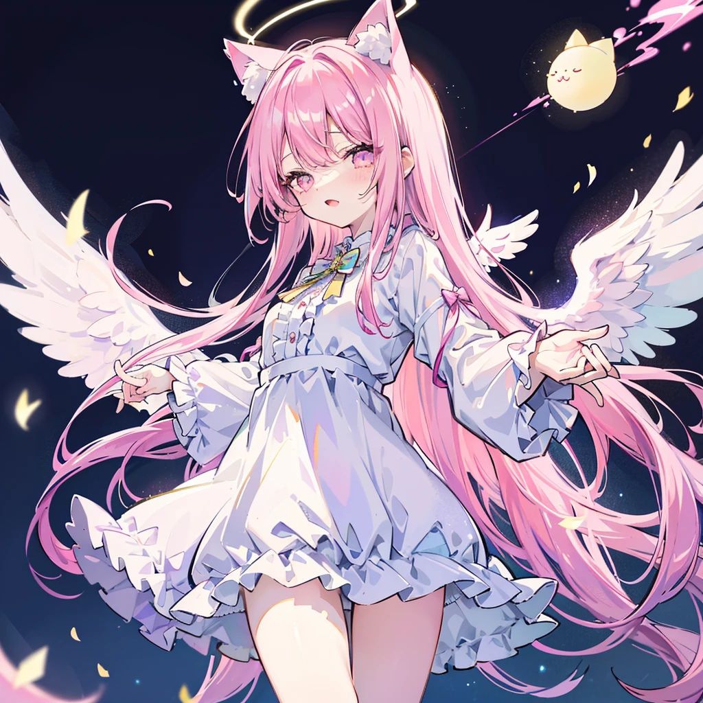 galaxy angel style,pastel,glitter,Angel shota,glowing halo,cat ears,pink long hair,angel wings,more add cuteness,
Wearing short-sleeved frilly pajamas, a hat with a pom-pom on the tip, and standing in a dark hallway at night,
sleepy eye,open mouth smile,Say good night,
