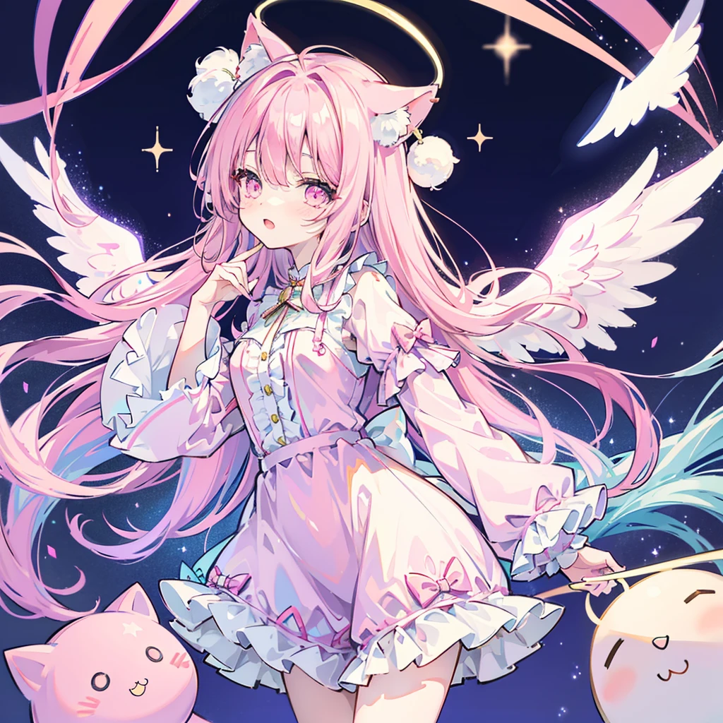 galaxy angel style,pastel,glitter,Angel shota,glowing halo,cat ears,pink long hair,angel wings,more add cuteness,
Wearing short-sleeved frilly pajamas, a hat with a pom-pom on the tip, and standing in a dark hallway at night,
sleepy eye,open mouth smile,Say good night,