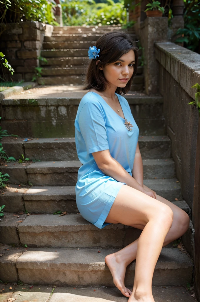 A pretty Woman sitting on steps with legs crossed wearing a light blue frock with flowers designed on it, big and hot body in a background of Srilanka