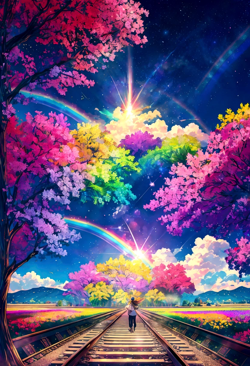 A locomotive running on rainbow-colored tracks,colorful,beautiful flower,Nice views,Utopia,An atmosphere full of dreams and hope,masterpiece.16K, Ultra-high resolution, Ultra-high resolution, born,Fantastic ,future、Shining in rainbow colors、The world 30 years from now。