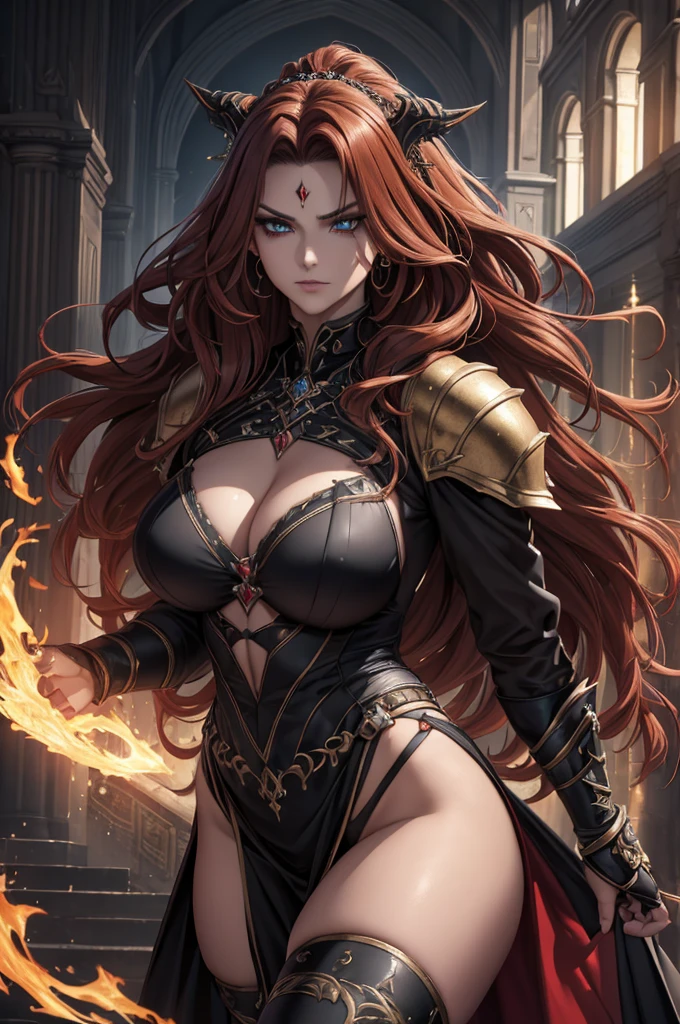 (Best quality, 4K, high-res, masterpiece:1.2), ultra-detailed, photorealistic:1.37, fierce warrior woman, detailed chiseled face, intense eyes with a red piercing gaze, long wavy hair with golden highlights, adorned with a detailed armor that sparkles, encompassing a dark environment with a haunting background that adds an ominous atmosphere with an ethereal glow, sharp contrasts, exuding a menacing presence and captivating expression, embodying a sinister beauty with a mythical aura, poised elegantly against foreboding shadows, her intense gaze and unearthly charm radiates a supernatural
