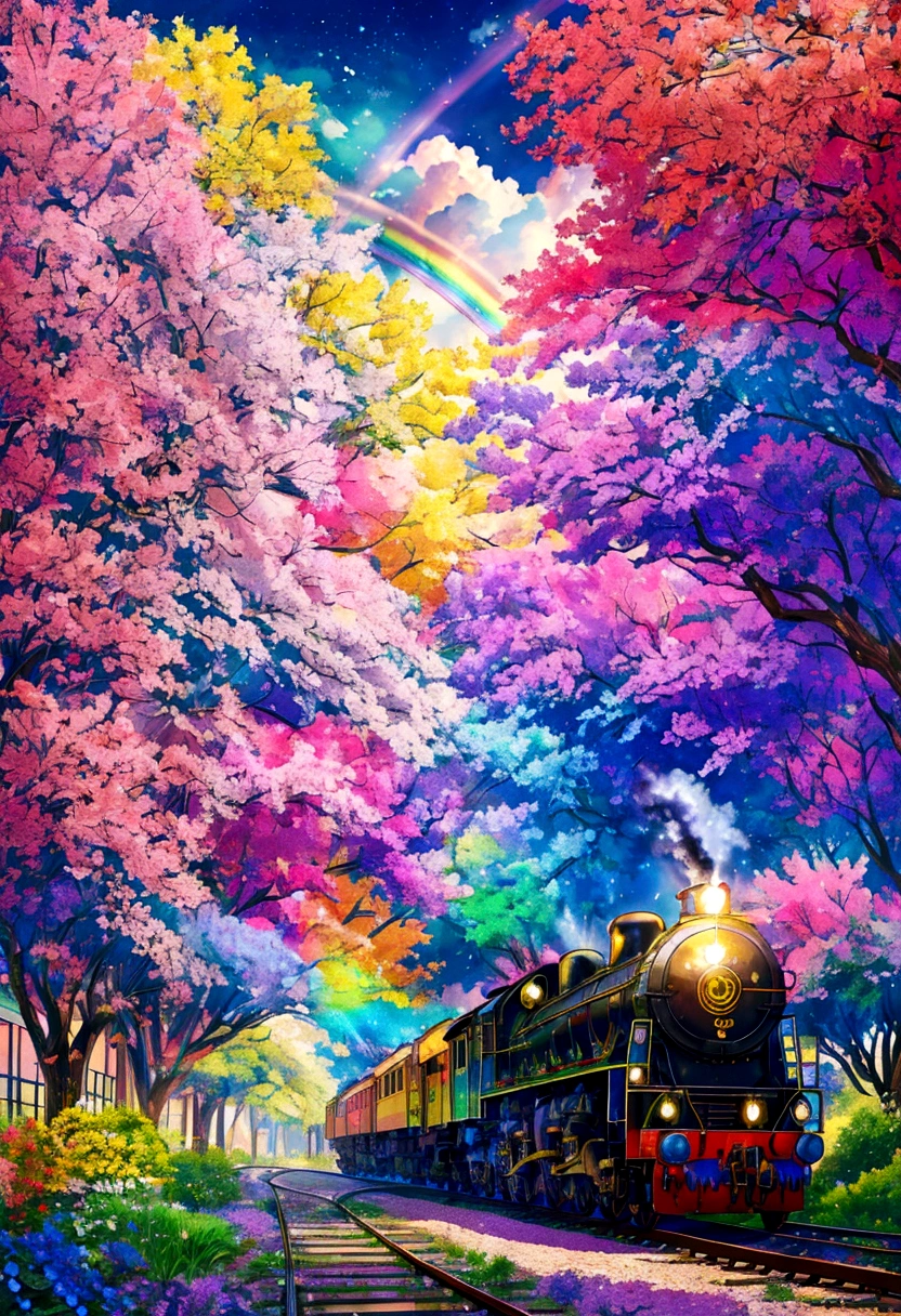 A locomotive running on rainbow-colored tracks，colorful，beautiful flower，Nice views，Utopia，An atmosphere full of dreams and hope，masterpiece．16K, Ultra-high resolution, Ultra-high resolution, born,Fantastic ,future、Shining in rainbow colors、The world 30 years from now。