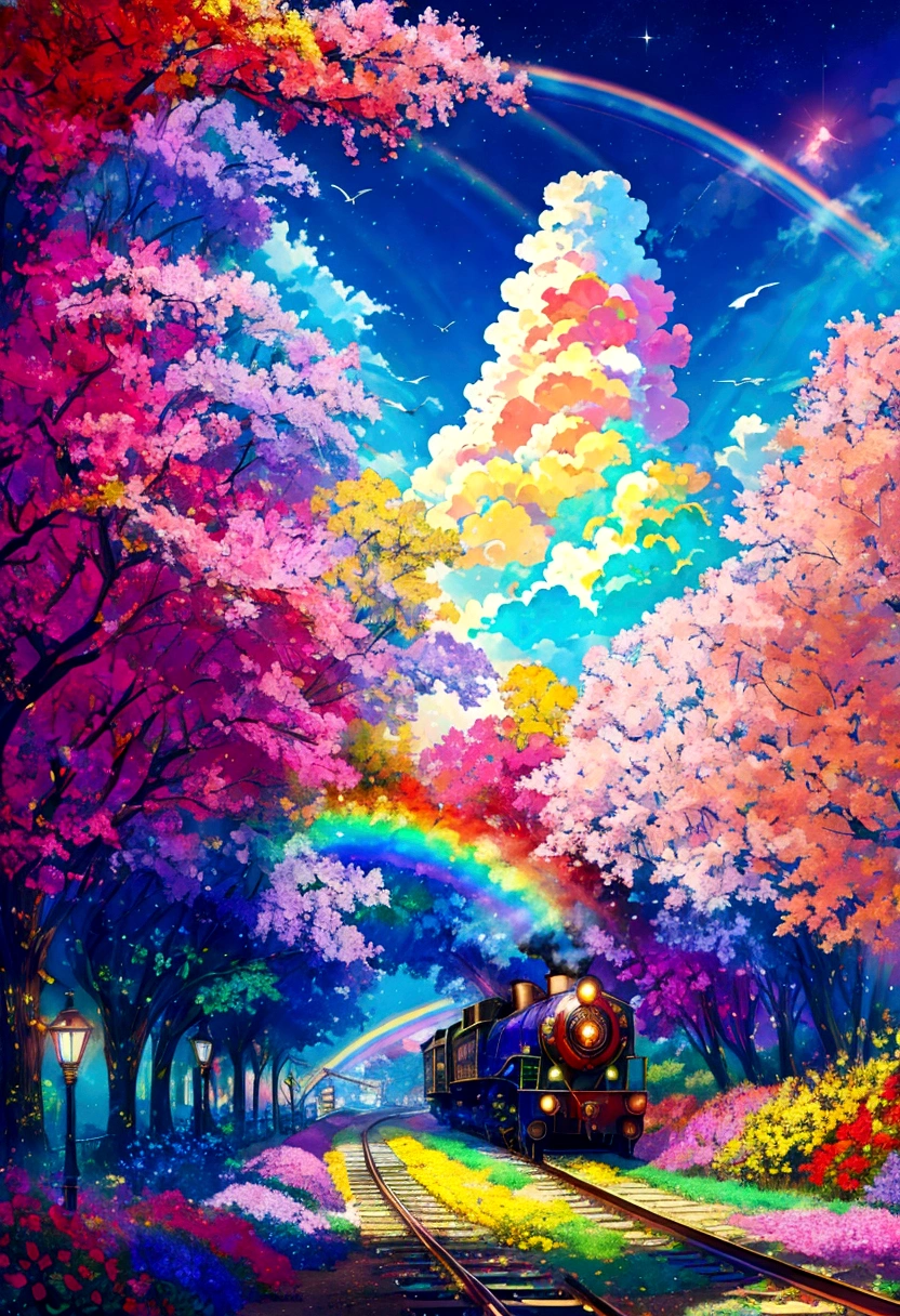 A locomotive running on rainbow-colored tracks，colorful，beautiful flower，Nice views，Utopia，An atmosphere full of dreams and hope，masterpiece．16K, Ultra-high resolution, Ultra-high resolution, born,Fantastic ,future、Shining in rainbow colors、The world 30 years from now。
