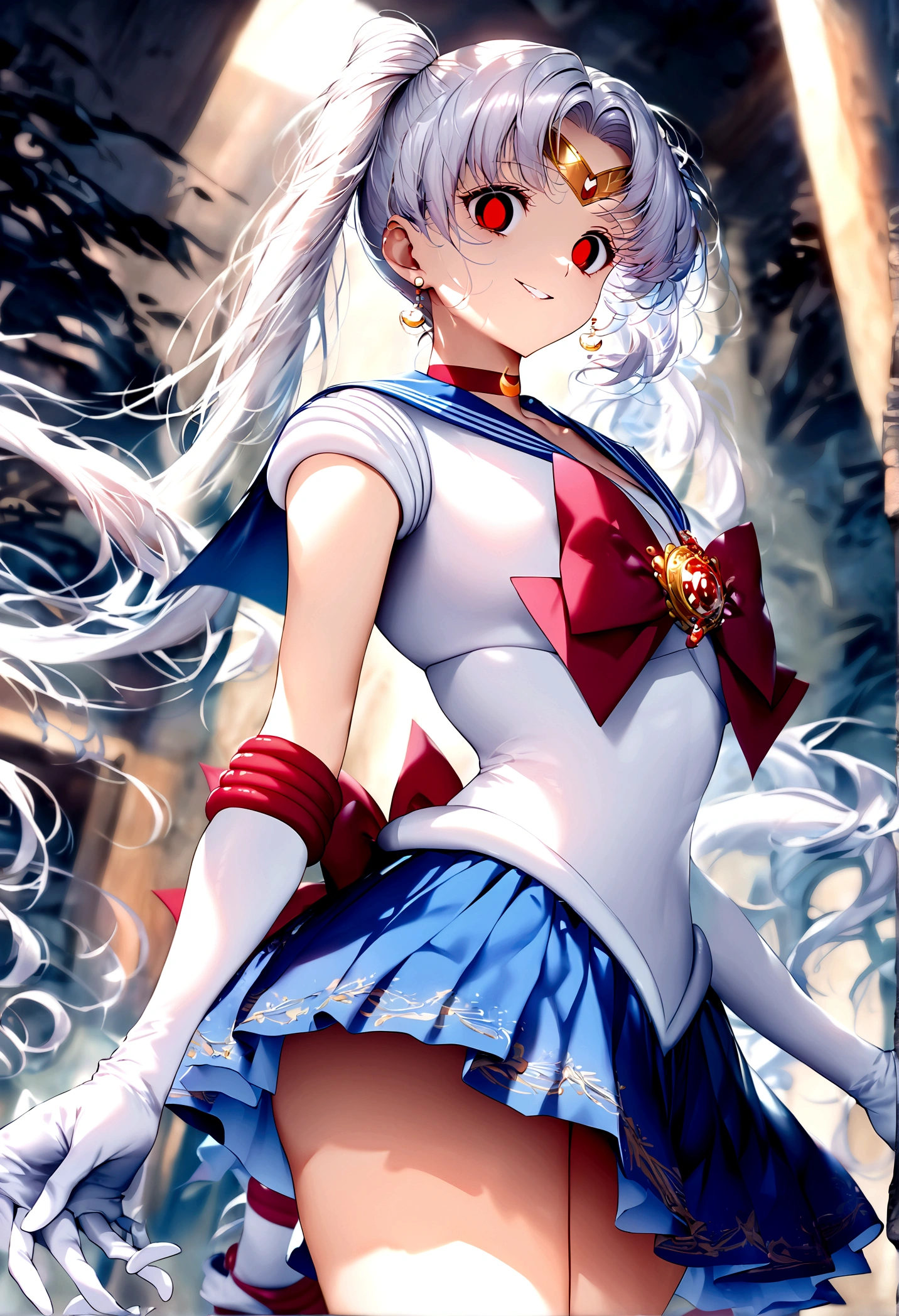 (masterpiece, Highest quality, so beautiful, Super detailed), Intricate details, 12k, Honestly, Long Hair, Double Bang, Twin tails, Parted bangs, tiara, Earrings, red eyes, Red choker, Blue sailor collar, Red Bow, White shirt, Elbow hand pockets, White gloves, Blue Skirt, Are standing, Cowboy Shot,,(evil smile:1.2), 1girl,(Silver Hair:1.4),(empty eyes,:1.4),from below,looking dawn,dark aura,View your viewers